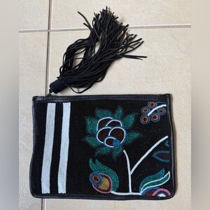 Sam Edelman Zora Clutch Stripe Floral Seedbead Suede Tassel